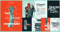 a collage of posters with different types of artwork and words on them, including an image of a man holding a phone