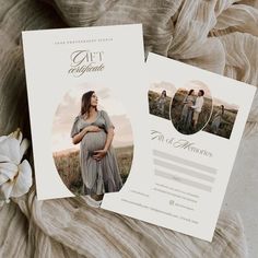 the birth announcement card is displayed next to an image of a pregnant woman