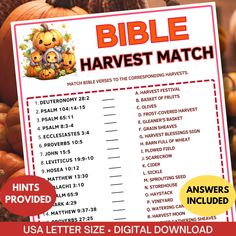 a bible harvest match is shown with pumpkins and other items in front of it