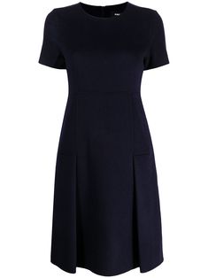 navy blue wool blend round neck short sleeves fitted waistline pleat detailing Short Sleeve Midi Dress With Pleated Back For Work, Casual Pleated Dress With Pleated Bodice, Classic Pleated Short Sleeve Dress For Work, Short Sleeve Pleated Back Dress, Classic Short Sleeve Pleated Dress For Formal Occasions, Short Sleeve Midi Dress With Pleated Hem, Classic Cap Sleeve Dress For Work, Classic Formal Pleated Dress With Short Sleeves, Workwear Dress With Pleated Waist And Short Sleeves