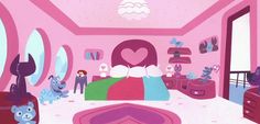 a cartoon bedroom with pink walls and teddy bears