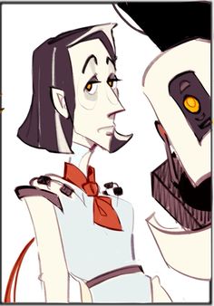 an animated drawing of two people with yellow eyes and one is wearing a red bow tie