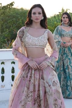 Pink organza lehenga with an attached cancan, floral print and sequins embroidery. Comes with a padded blouse and a dupatta. - Aza Fashions Astha Narang, Organza Lehenga, Round Pattern, Sequins Embroidery, Fashion App, Bridal Lehenga, Saree Blouse, Indian Outfits, Aza Fashion