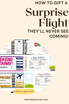 an airplane ticket with the text how to gift a surprise flight they'll never see coming