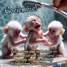 three little monkeys in the shower with their mouths open and hands on top of them