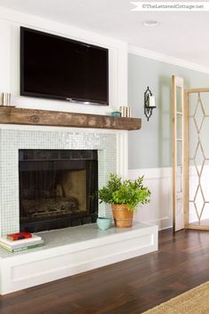 a fireplace with a flat screen tv above it and a potted plant on the mantle