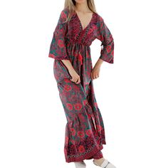 La Fiorentina Flowy "Demi" Long Dress - Available In - S - M - L - Xl - Fabrication: 10/90 Silk And Polyester Red Floral Print Dress For Festival, Fitted V-neck Peasant Dress, Red Long Sleeve Peasant Dress, Peasant Style V-neck Festival Dress, Peasant Style Maxi Dress With Floral Print, Peasant Style Floral Print Tunic Dress, Peasant Style Tunic Dress With Floral Print, Red Floral Print Tunic Dress, Sara Dress