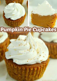 pumpkin pie cupcakes with white frosting and whipped cream on top are shown