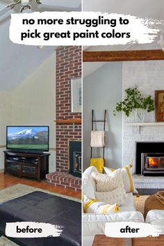 the before and after pictures show how to paint a brick fireplace in a living room