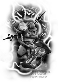 two people hugging each other in front of an artistic tattoo design with the zodiac sign behind them