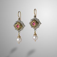 Earrings with gold 18kt, sterling silver, pink tourmalines and freshwater pearls. Neoclassical collection Gerochristo Jewelry Enchanted Jewelry, Medieval Jewelry, Classy Jewelry, Girly Jewelry, Gothic Jewelry