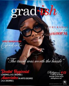 a magazine cover with a woman wearing glasses and a graduation cap on it's head