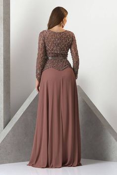 Dark chestnut padded gown with sequins and pearls embroidery on bodice. - Aza Fashions Sequin V-neck Evening Dress For Mother Of The Bride, V-neck Embellished Gown For Mother Of The Bride, Mother Of The Bride Sequined Gown With Fitted Bodice, Embellished V-neck Gown For Mother Of The Bride, Pearls Embroidery, Pearl Embroidery, Gown For Women, Ladies Gown, Aza Fashion