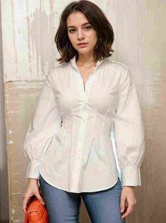 Plus Size Casual Blouse, Women's Plus Solid Button Up Lantern Sleeve Turn Down Collar Nipped Waist Blouse Material: Crafted from 100% Polyester for a luxurious feel Style: Elegant design with lantern sleeves and turn-down collar for a sophisticated look Care Instructions: Easy to maintain with machine wash, no dry cleaning required Seasons: Suitable for all seasons, offering versatility in your wardrobe Collar Style: Features a lapel collar for a chic appearance Fabric: Non-stretch fabric for a structured and polished look Sheer: Semi-sheer fabric adds allure to the blouse Patterned: Solid color for a timeless and versatile appeal Details: Button-up front for easy wearing and classic style Weaving Method: Woven construction for durability and exquisite craftsmanship Casual Blouse Women, Blouse Material, Sheer Fabric, Lantern Sleeve, Blouse Pattern, Plus Size Blouses, Casual Blouse, Lantern Sleeves, Plus Size Casual