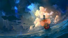 a painting of a pirate ship in the middle of an ocean with clouds and lightning