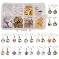 PRICES MAY VARY. ★PACKAGE INCLUDE - 40pcs x 12mm Cabochon Pendant Settings(Silver & Golden & Platium & Antique Bronze); 40pcs x 12mm Clear Glass Cabochons; 40pcs x Earring Wire Hooks; 1pc x Plastic Box. ★DIY 20 PAIRS CABOCHON DANGLE EARRINGS - Great for DIY jewelry making. add a picture or photo you can make 20 pairs photo pendant dangle earrings(5 pairs/color, 4 color). ★MATERIAL - Made of zinc alloy in a silver and gold tone (lead and nickel free) ★CABOCHON EARRING KIT - just add a something u Diy Cabochon Earrings, Plastic Box Diy, Earring Making Tutorials, Earring Making Supplies, Cabochon Earrings, Earring Kit, Bezel Earrings, Jewelry Making Kits, Earrings Making