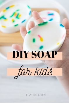 someone is holding a soap dish with sprinkles on it and the words diy soap for kids