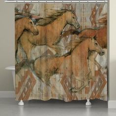 a shower curtain with three horses running on it