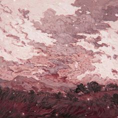 an abstract painting with red and purple colors in the sky, on top of grass