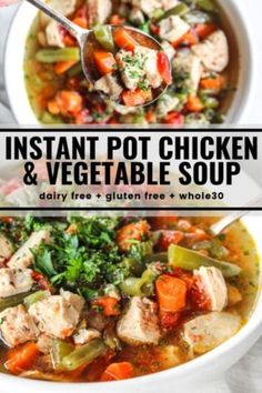 instant pot chicken and vegetable soup in a white bowl