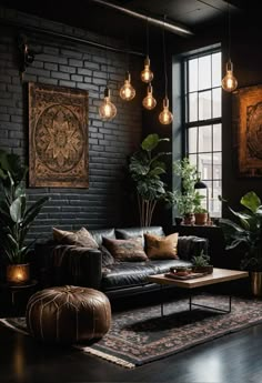 a living room filled with furniture and hanging lights