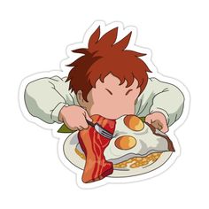 a boy eating breakfast with bacon, eggs and an egg on a plate sticker