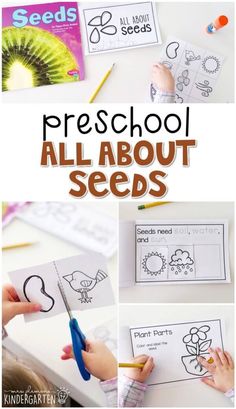 the words preschool all about seeds are shown in this collage with pictures and text