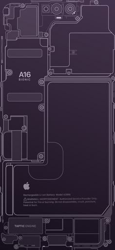 the back side of an iphone, with all its components and parts shown in blueprint