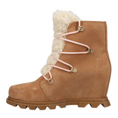 Cool, wet weather calls for warmth - and this wedge has it in spades. Crafted of a waterproof nubuck-and-felt upper, with cozy genuine shearling and microfleece lining, this is the perfect treat-yourself boot. The removable polyurethane-like EVA footbed and rubber sole for non-slip traction makes these boots a cold-weather must. Womens Sorel, Joan Of Arctic Wedge, Sorel Joan Of Arctic, Sorel Joan, Sorel Womens, Wet Weather, Cold Weather, Rubber Sole, Wedges