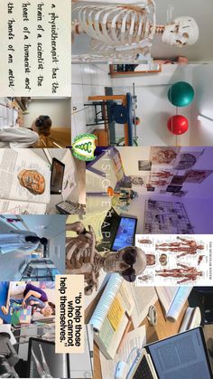 a collage of photos with different types of objects and text on them, including an image of a skeleton