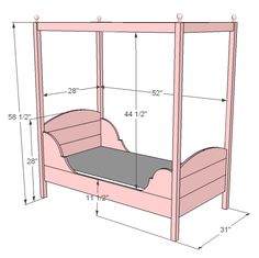 a pink bed frame with measurements for it