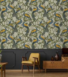 Vintage Peacocks and Botanical Wallpaper - MAIA HOMES Art Deco Wall Paper, Nouveau Wallpaper, Art Nouveau Wallpaper, Wallpaper Decal, Peacock Wallpaper, Peacock Art, Bold Wallpaper, Art Deco Wall, Botanical Wallpaper