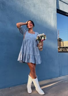 How To Dress With Cowgirl Boots, White Boot Summer Outfit, Blue Dress White Boots, Cowgirl Graduation Outfit, Floral Dress With Cowboy Boots, Short White Cowgirl Boots, Coastal Cowgirl Dress Outfit, Spring Dress With Boots, Sundress And Cowgirl Boots