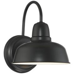 a black wall light with a white light on it's side and an arm