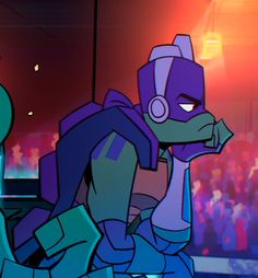 an animated character in front of a crowd with headphones on, looking at something