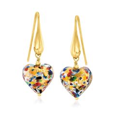 Italian Murano Glass Multicolored Heart Drop Earrings in 18kt Gold Over Sterling | Ross-Simons Multicolored Earrings, Gold Heart Stud Earrings, Glass Hearts, Gold Heart Studs, Sterling Silver Heart Necklace, Sterling Silver Bead Bracelet, Sterling Silver Bangle Bracelets, Luxury Earrings, Silver Bead Bracelet