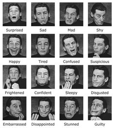 many different facial expressions are shown in this black and white photo, with the same man's face