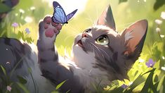 a cat reaching up to a butterfly on it's paw in the grass with flowers