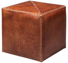 a square brown leather ottoman with stitching