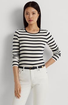 Breton stripes give a bracing look to this trim-fitting cotton-jersey T-shirt. 24 1/2" length (size Medium) Crewneck Long sleeves 100% cotton Machine wash, line dry Imported Classic Cotton Tops With Striped Hem, Classic Spring Top With Striped Hem, Fitted Spring Tops With Contrast Stripes, Fitted Tops With Contrast Stripes For Spring, Classic Striped Tops For Spring, Classic Tops With Striped Collar And Crew Neck, Fitted Cotton Tops With Striped Collar, Fitted White Tops With Striped Collar, Classic Crew Neck Top With Striped Collar