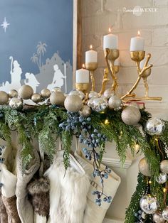 a mantle decorated with stockings and christmas decorations