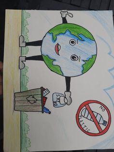 a child's drawing of the earth holding up a sign