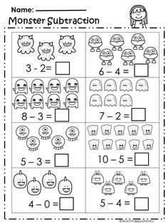 the worksheet for addition to subtraction with numbers and monsters on it