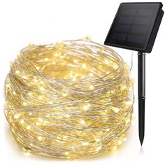 solar powered fairy lights in the shape of a wire with an extension to it, on a white background