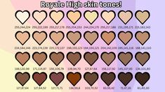 the royal high skin tones are shown in different shades and sizes, with hearts on each side