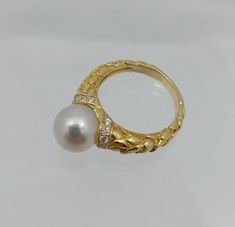 Gold Ring With Pearl, Ring With Pearl, Engraved Bangle Bracelet, Pearl Diamond Ring, Engraved Bangle, Laurel Leaf, Gold Engraving