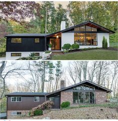 before and after photos of a modern house in the woods, with windows on each side