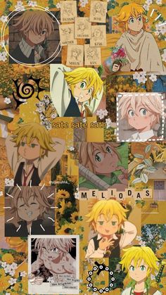 anime character collages with yellow hair and green eyes, in the background is an image of sunflowers