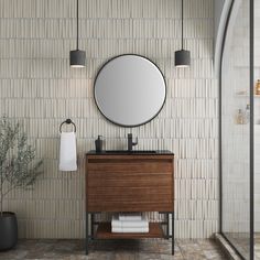 a bathroom with a sink, mirror and towel rack on the wall next to it