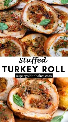 stuffed turkey roll on a plate with herbs